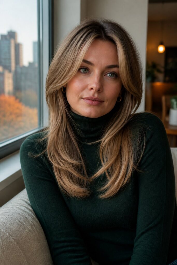 Long curtain bangs are a low-maintenance addition to butterfly layers.
