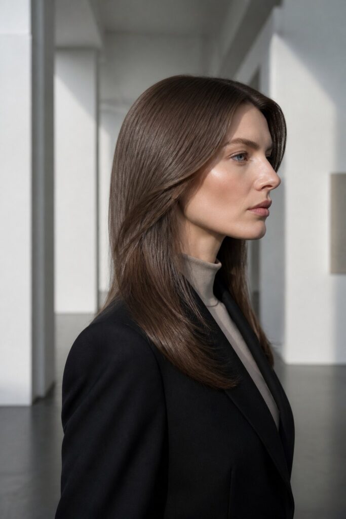 A sleek butterfly haircut combines polished roots with smooth, defined layers.