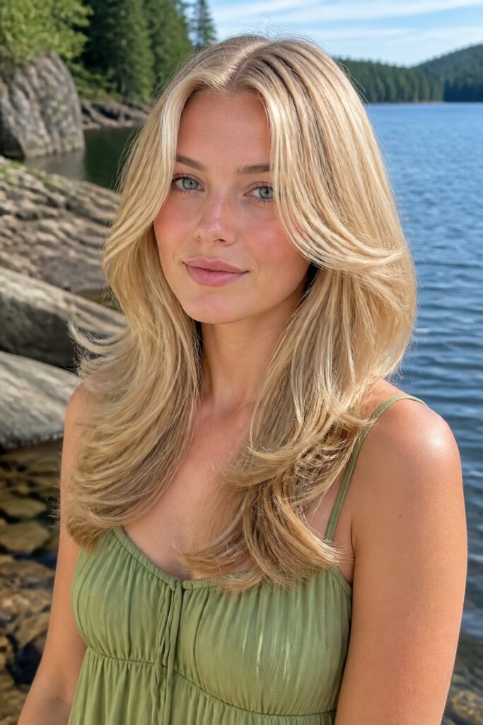 Blonde hair makes the structure of butterfly layers easy to see. Highlights and lowlights create contrast between the different lengths.