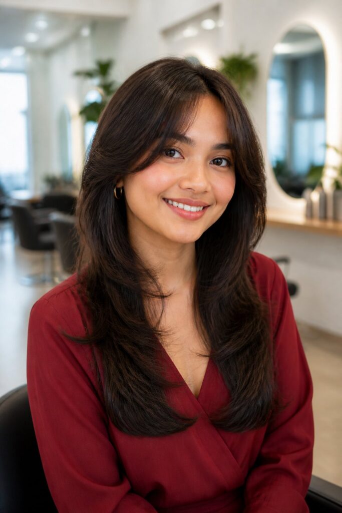 A butterfly haircut can flatter a round face when the layers create gentle vertical movement.