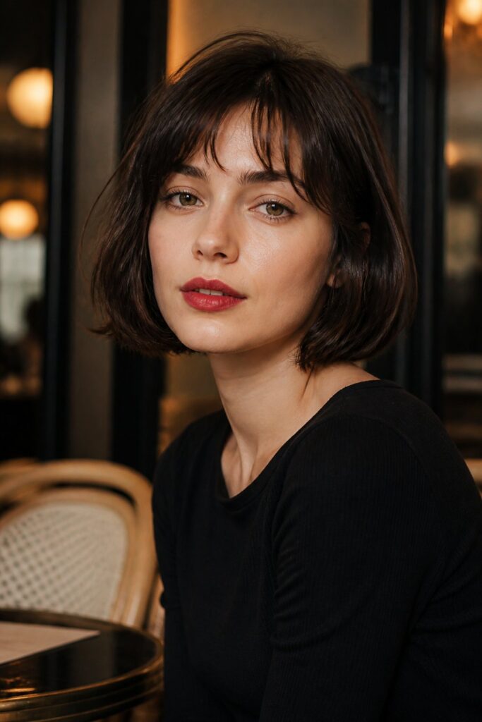 The French bob usually ends around the cheekbones or jawline.
