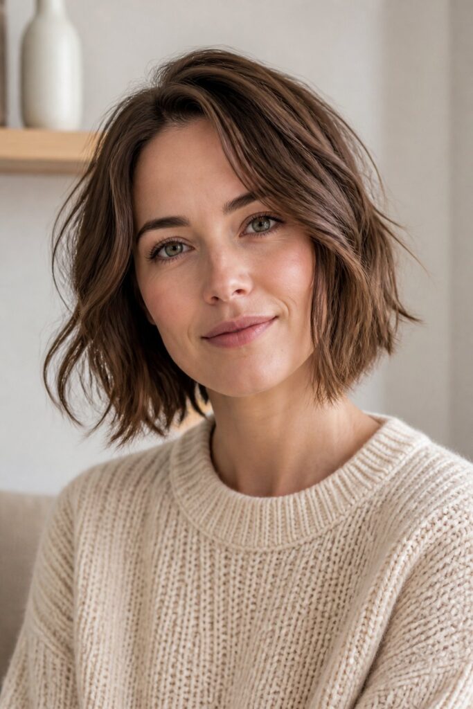 A textured bob includes soft layers and slightly broken ends to create natural movement.
