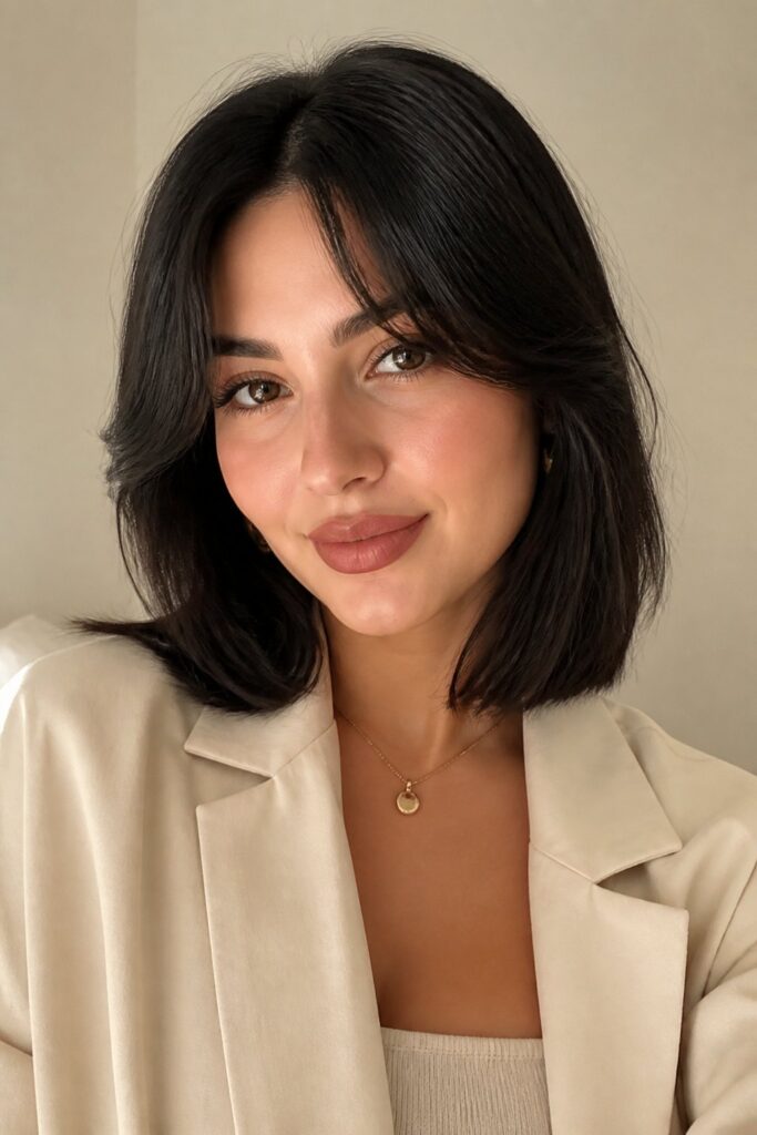 Curtain bangs frame both sides of the face and blend smoothly into the rest of the haircut.