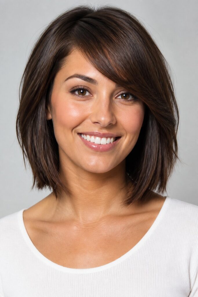 Side-swept bangs create diagonal movement across the forehead and make a bob look softer.