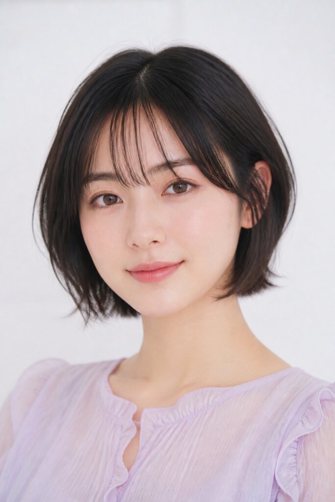 Wispy bangs add softness without completely covering the forehead.