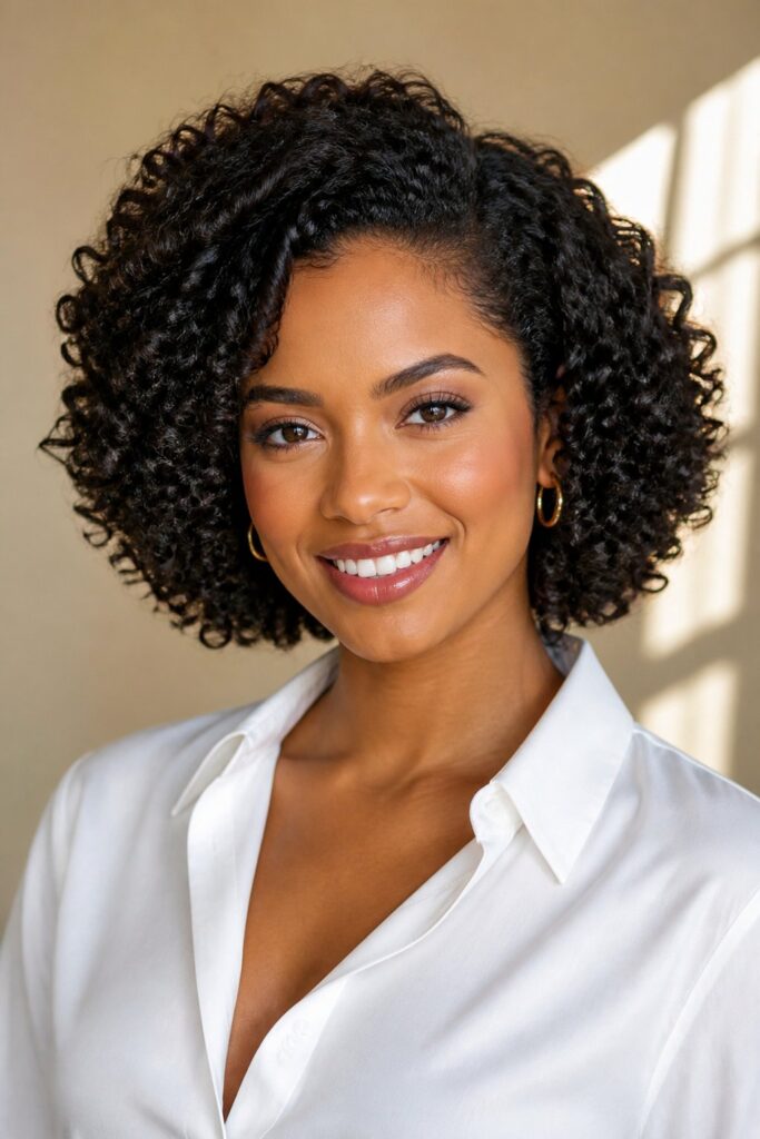 A curly bob celebrates natural volume and texture.