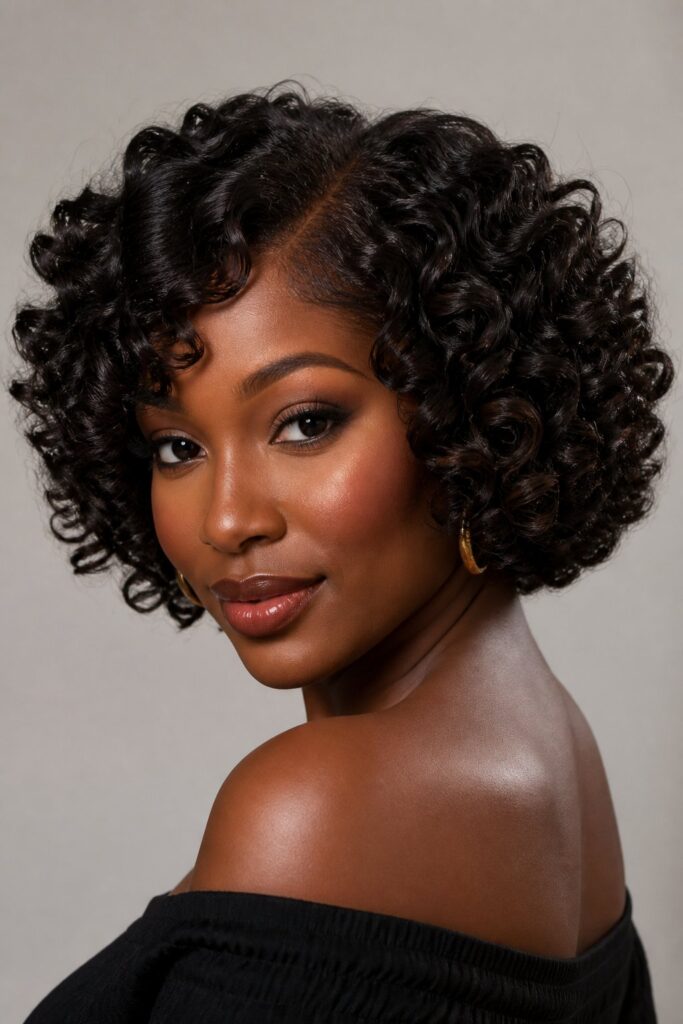 A rounded curly bob creates a soft, sculpted outline with balanced volume around the sides.
