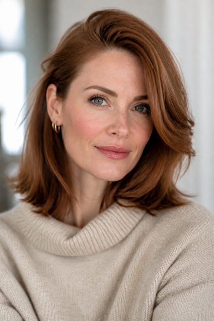 A deep side part adds volume and creates a glamorous sweep across the forehead.