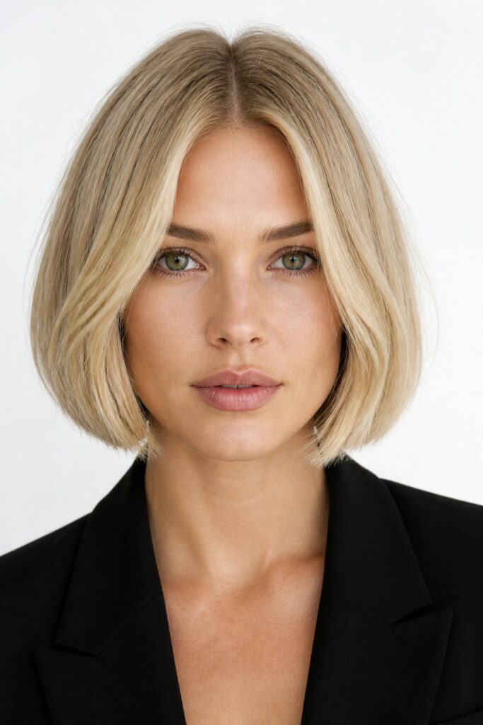 A center-parted bob emphasizes the symmetry of an oval face.