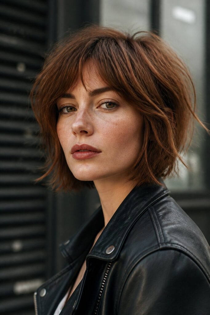A shaggy bob combines choppy layers, airy texture, and an intentionally undone finish.