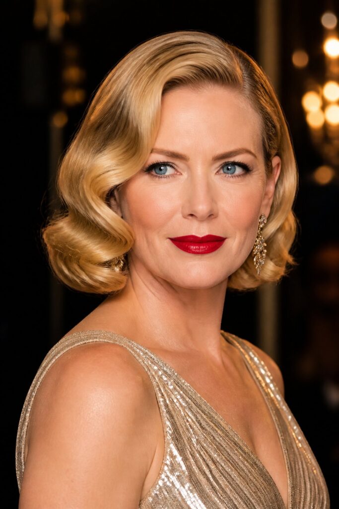 An Old Hollywood bob features smooth, sculpted waves and a deep side part.