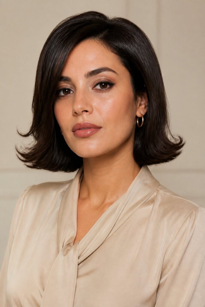 A flipped-end bob turns outward at the bottom, giving the hairstyle a playful, retro effect.