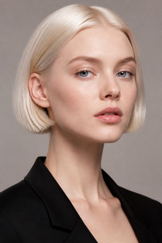 A micro bob sits high around the jawline or lower cheek area.
