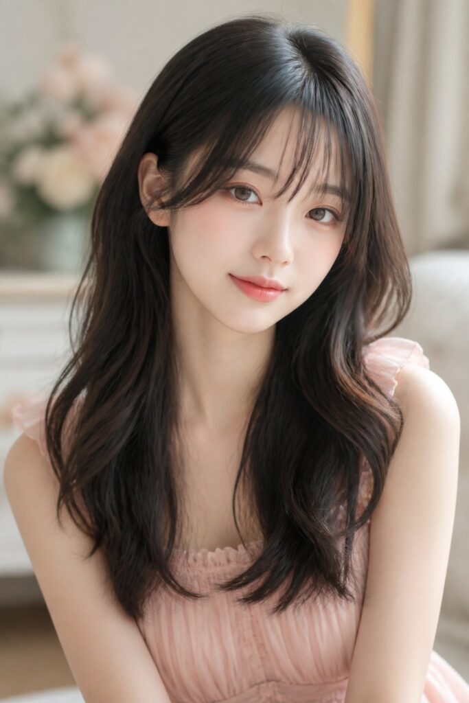 Wispy bangs create a light, transparent frame across the forehead and blend softly into longer layers.