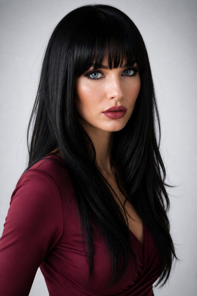 Blunt bangs create a clear contrast against long, soft layers.