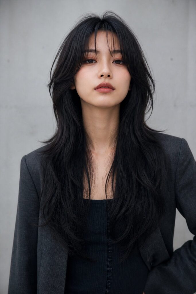 The long wolf cut combines short, noticeable crown layers with extended lengths underneath.