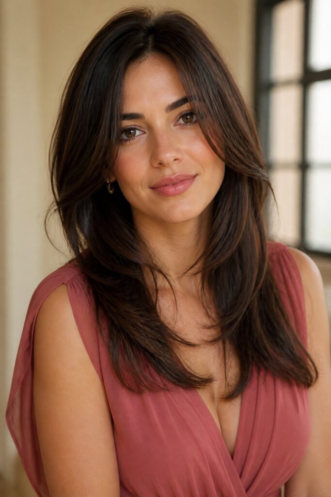 Round faces often look balanced with layers that begin below the widest part of the cheeks.