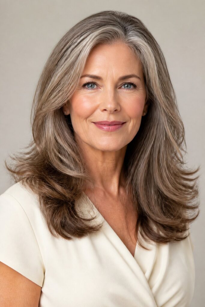 Long hair can remain stylish at every age when the shape supports its changing density and texture.