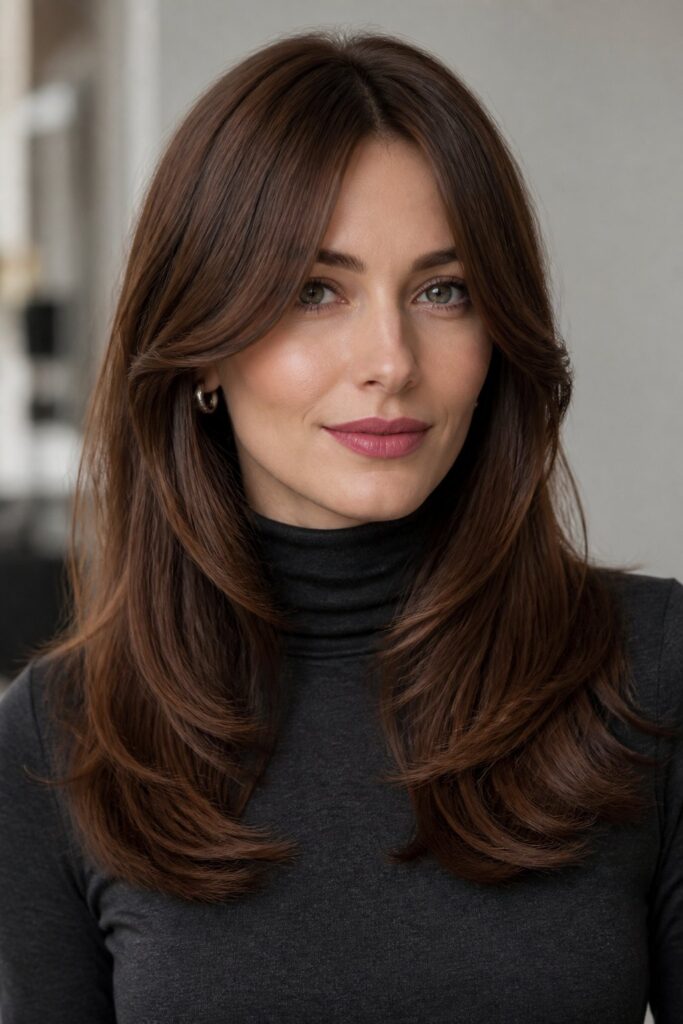 Cheekbone-length curtain bangs are designed to highlight facial structure.