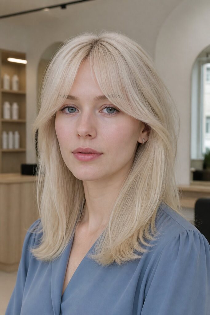 Short curtain bangs can balance long or rectangular faces by covering part of the forehead.
