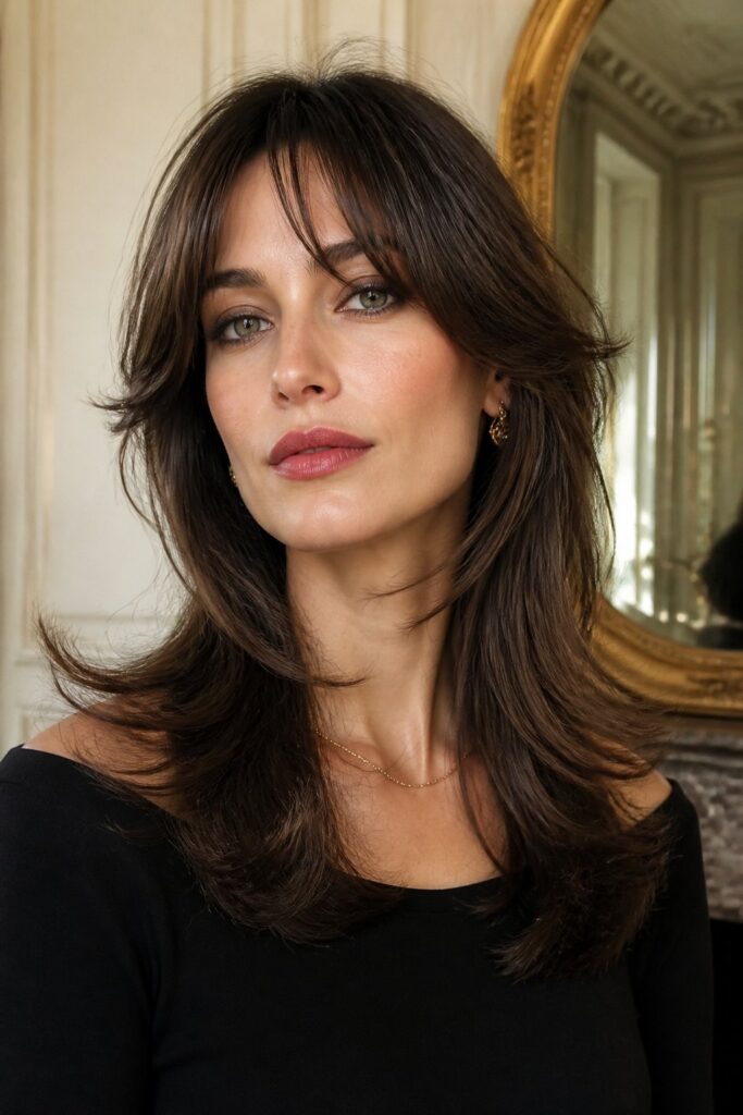 Feathered curtain bangs feature soft, tapered ends that blend beautifully into layered hair.