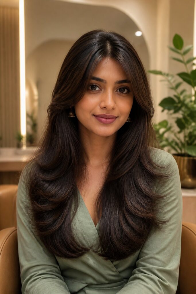 Curtain bangs paired with long layers create a flowing, cohesive hairstyle.