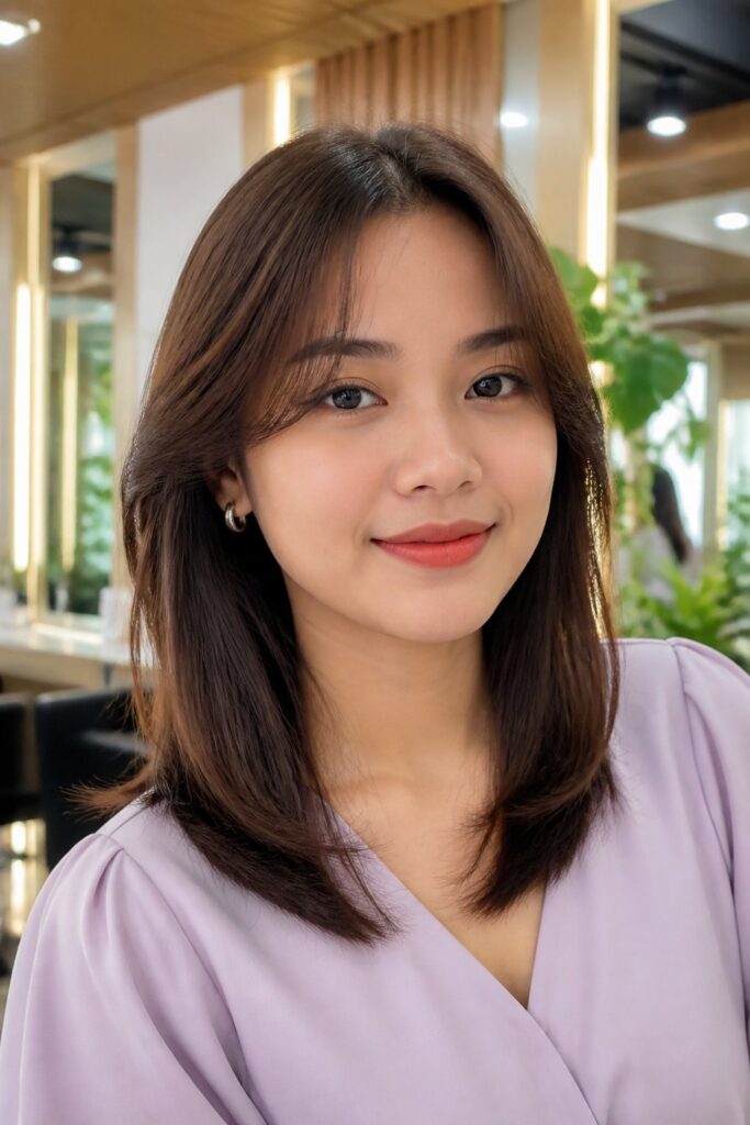 Curtain bangs give shoulder-length hair more shape and personality.