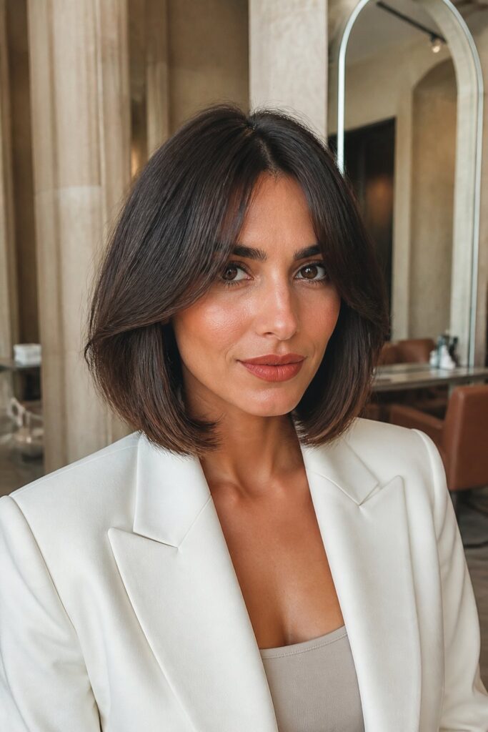 A long bob with curtain bangs creates a sophisticated, modern appearance.