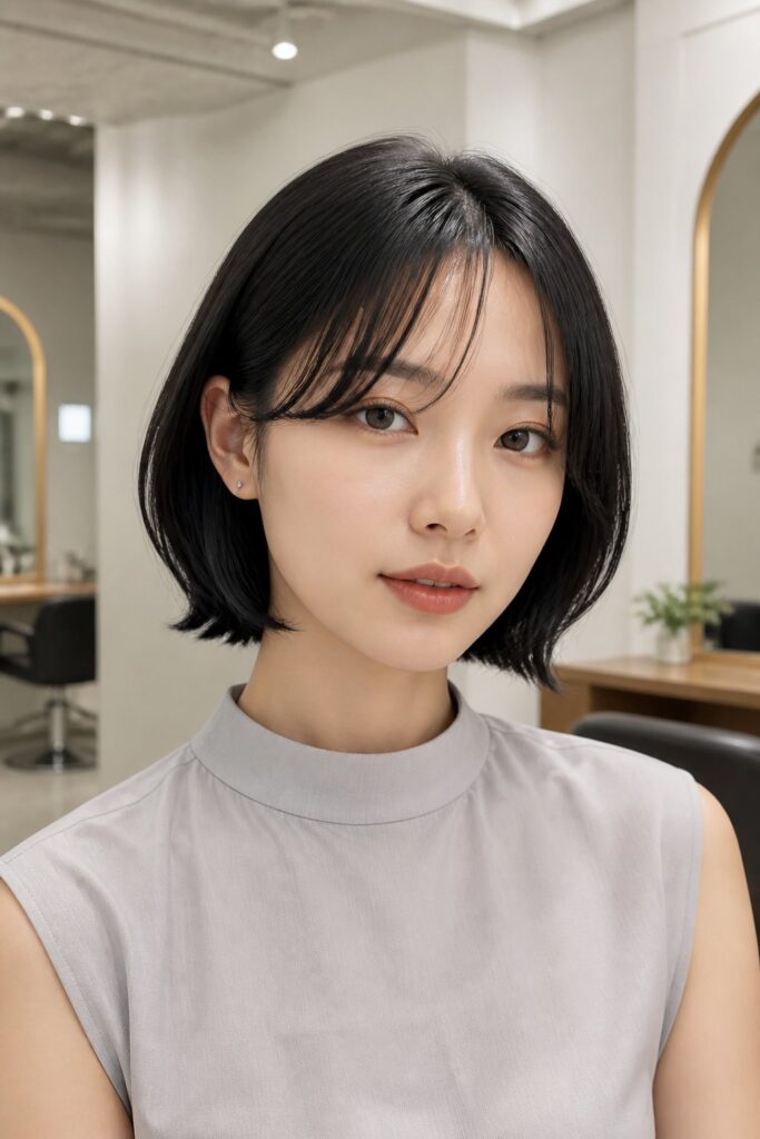 Curtain bangs add softness and movement to a short bob.