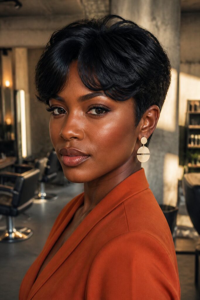 Curtain bangs bring a soft, feminine element to a longer pixie cut.