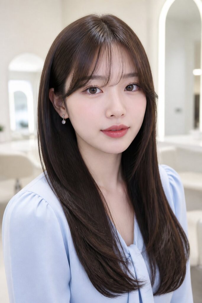 Straight hair gives curtain bangs a sleek, clearly defined appearance.