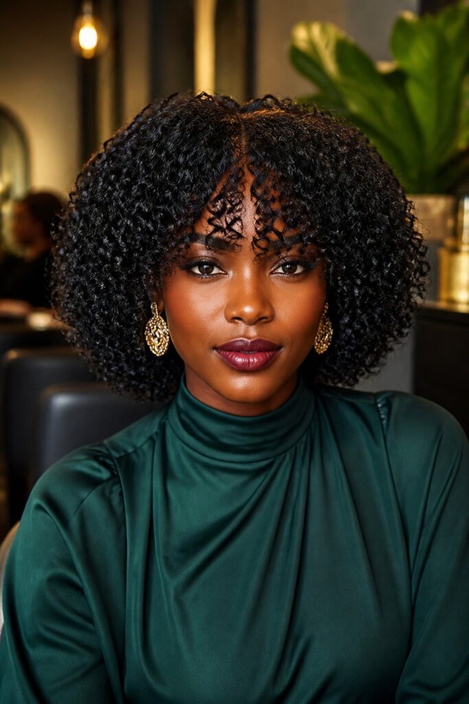 Curly curtain bangs create a bold, textured frame while celebrating the hair’s natural pattern.