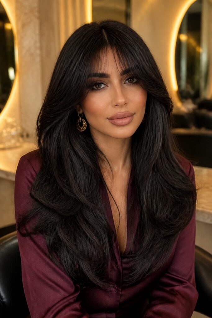 Curtain bangs can remove visual heaviness from thick hair and create a more flattering frame.