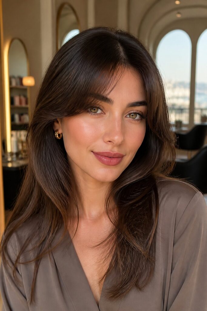 Off-center curtain bangs create a relaxed alternative to a precise middle part.