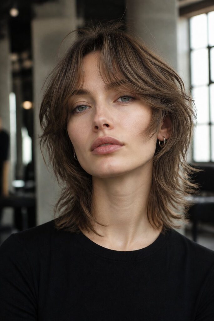Curtain bangs are a natural partner for a shag haircut.