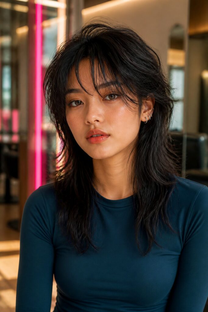 Curtain bangs soften the edgy, heavily layered character of a wolf cut.