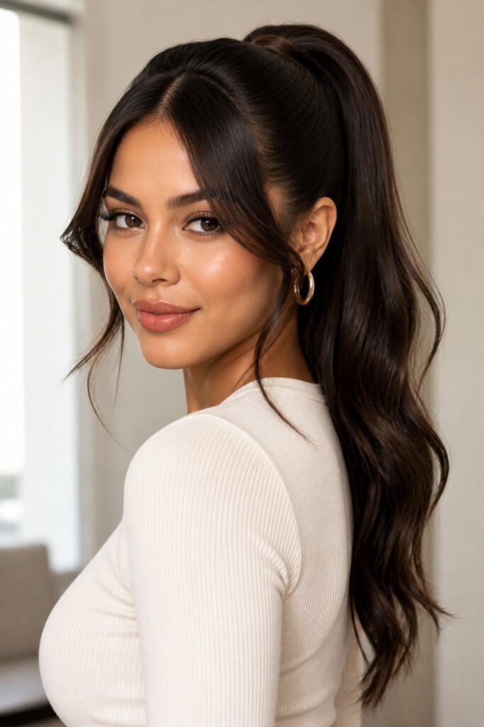 Curtain bangs make a high ponytail look softer and more fashionable.