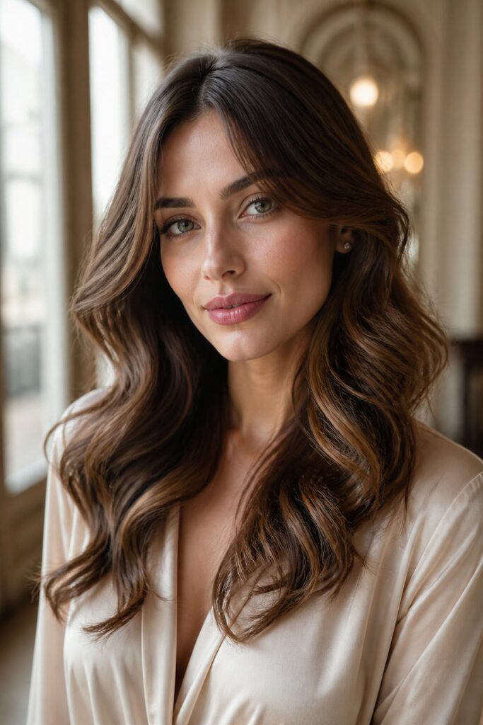 Loose waves enhance the romantic softness of curtain bangs.