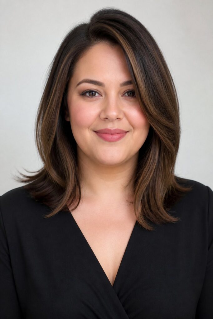 For round faces, create the illusion of length and reduce width. Ask for shoulder-length cuts with long layers that start below the chin.