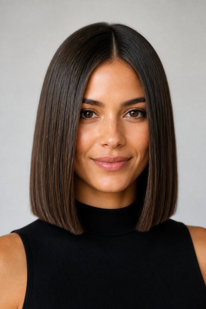 A blunt bob that hits at the shoulder creates a clean, architectural silhouette that flatters square, oval, and heart-shaped faces.