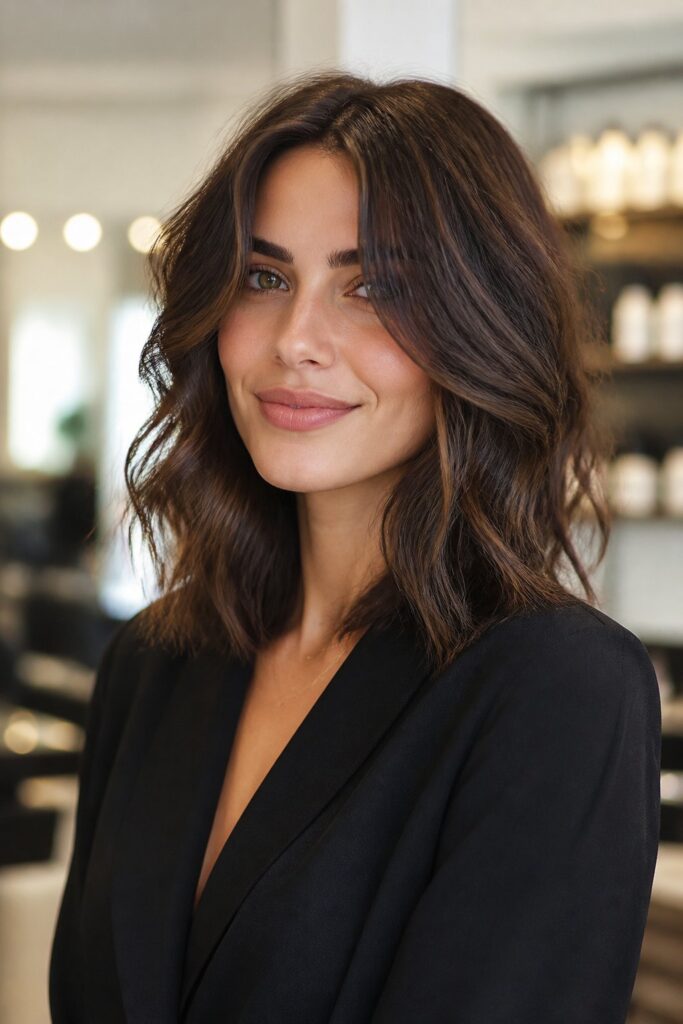 Textured layers introduce movement and dimension while preserving shoulder-length versatility.