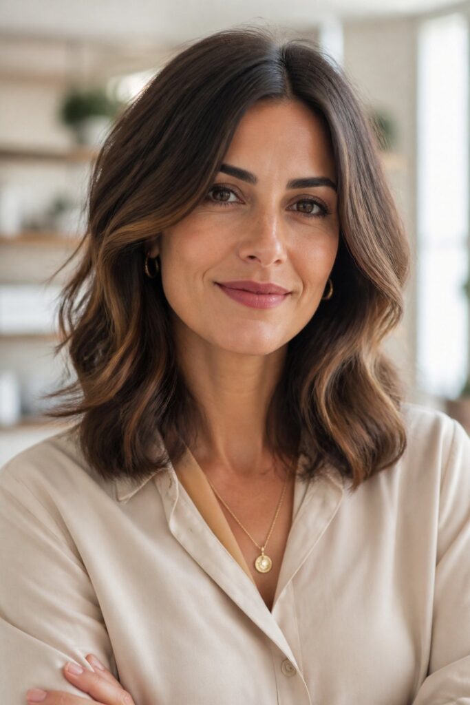 Soft waves give shoulder-length hair an effortless, modern-classic appeal that suits casual and work settings.