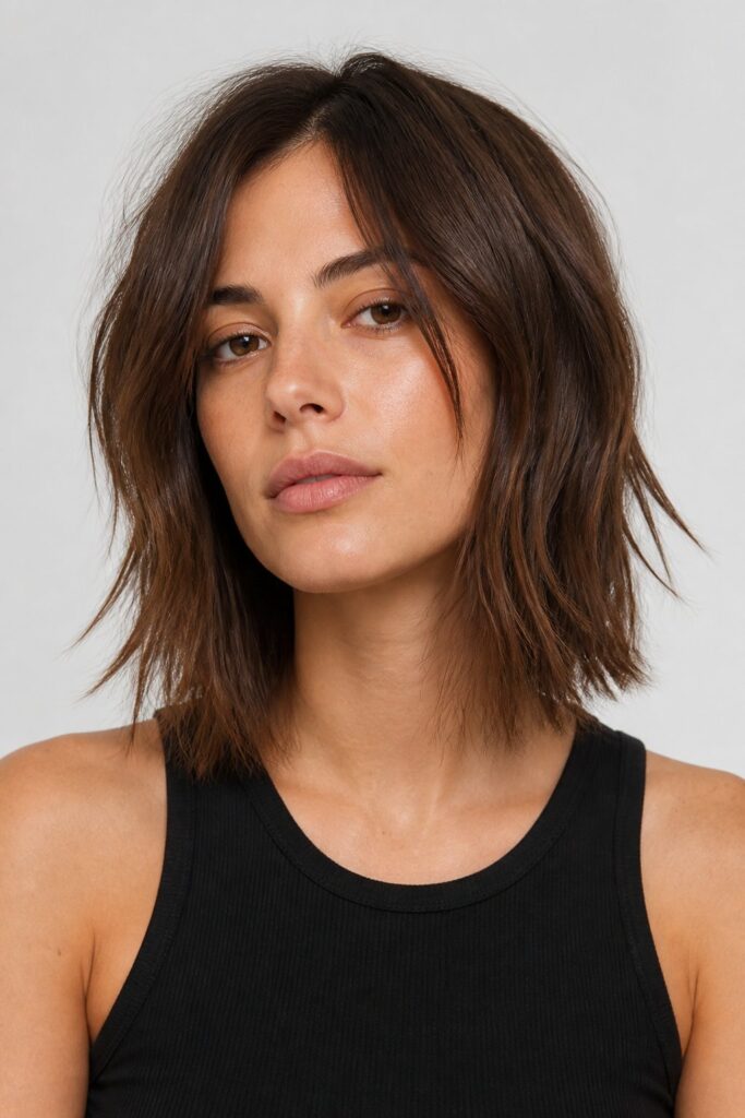 Choppy ends deliver an edgy, modern finish on shoulder-length hair by introducing uneven, slightly jagged tips.