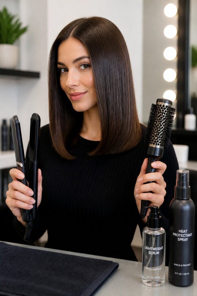Keep your hair smooth by starting with a heat-protectant spray on damp hair.
