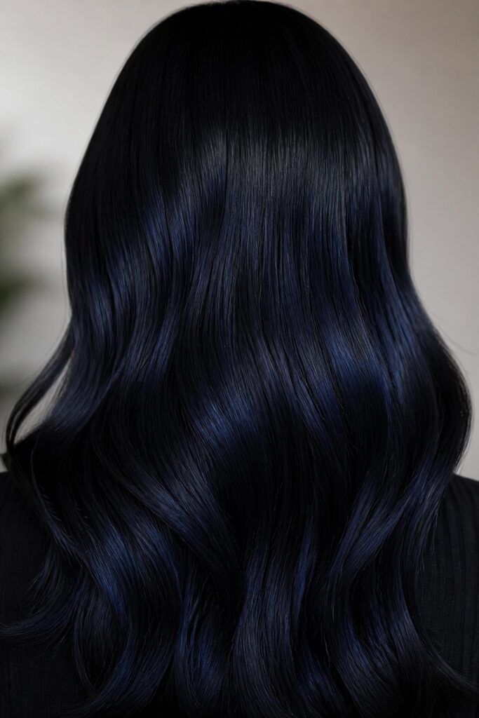 Blue-Black Raven layers a cool, near-black base with a subtle blue reflect for a glossy, dramatic finish that reads sophisticated rather than harsh.