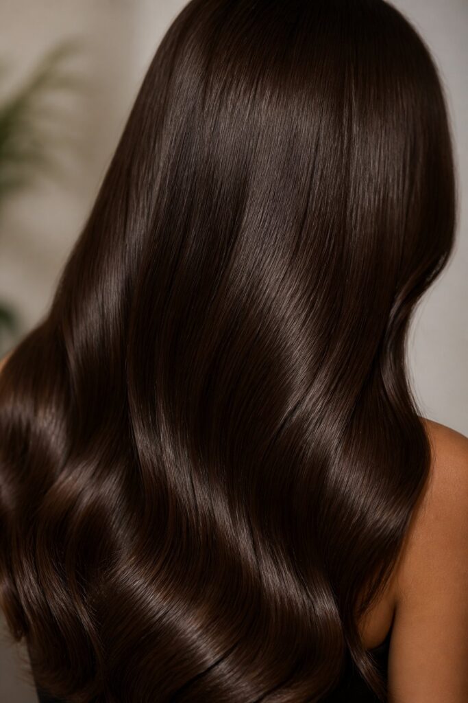 Espresso Brown Velvet is a warm-neutral, ultra-glossy dark brown designed to look like a single seamless block of color, achieved with a demi-permanent glaze over natural or lightly lifted brown.