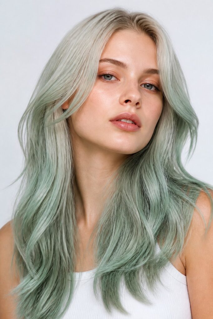 Seafoam Mint pairs a pale, ashy blonde base with a cool, gray-green tonal wash for an ethereal, oceanic finish that reads more sophisticated than a bright mint would.