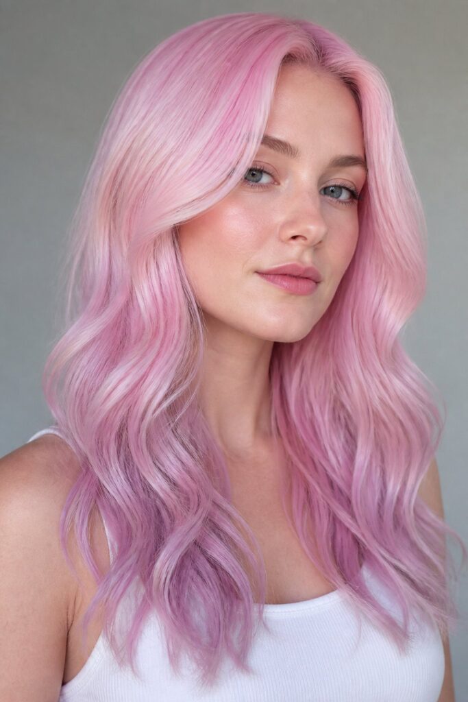 Cotton Candy Pink combines soft baby pink with a hint of lilac at the ends for a dreamy, blended pastel that works well on pre-lightened blonde or white hair.