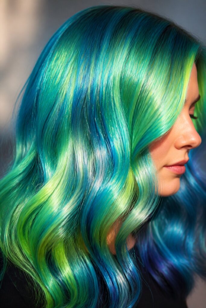 Bioluminescent hues mimic a natural glow — neon-adjacent colors tempered with metallic or pearlescent finishes. 