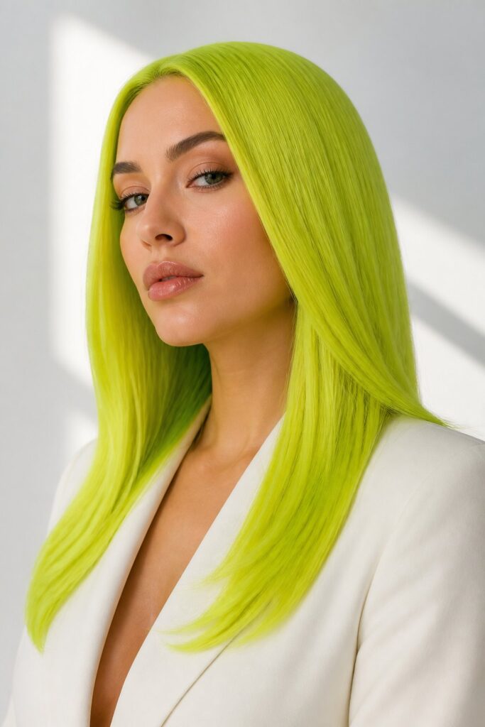 Neon Lime Reflect tempers a bright chartreuse with a soft gold shimmer so it reads as vibrant rather than harsh, ideal for statement panels or full-head placement on very light bases.